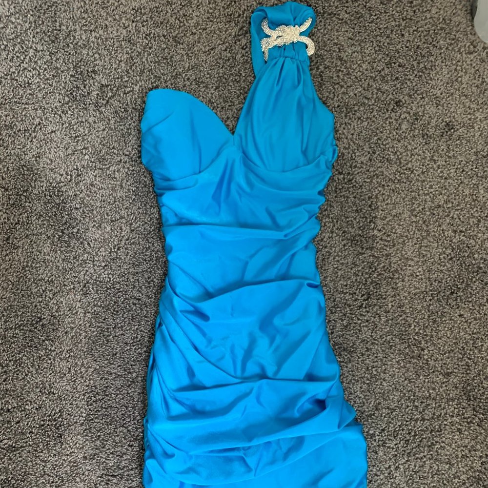 Deep Sky Blue Open Back Short Dress 90% Spandex